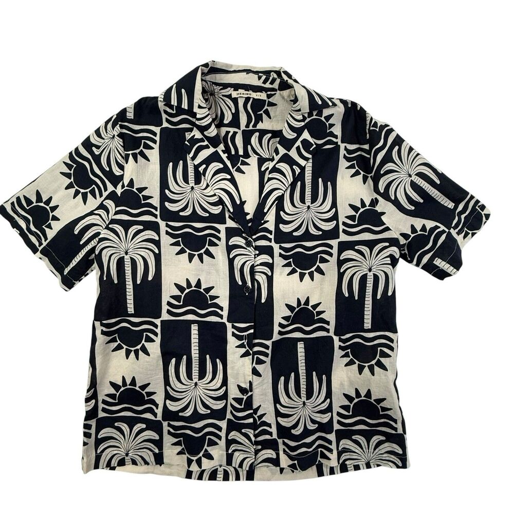 Hering Short Sleeve Shirt Women Small Blue Palm Trees Sun V-neck Vacation